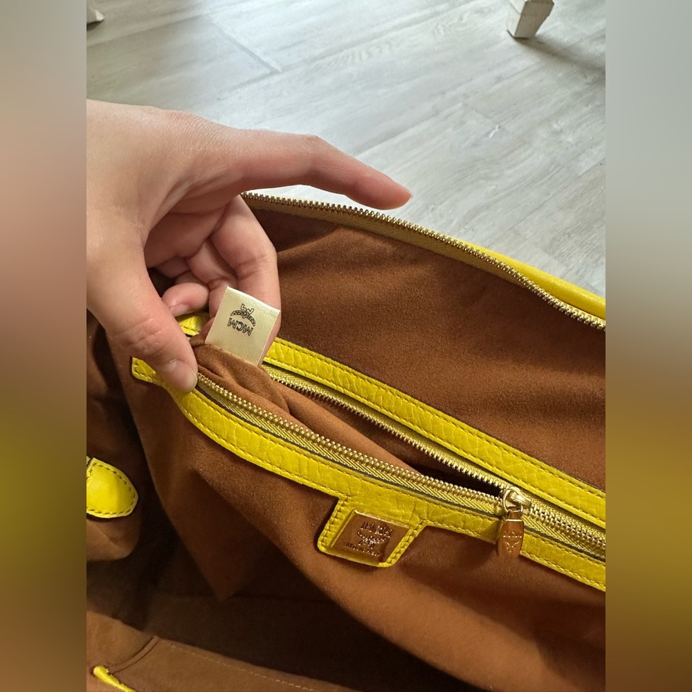 MCM Brown Monogram Satchel with Yellow Trim - Picture 6 of 9